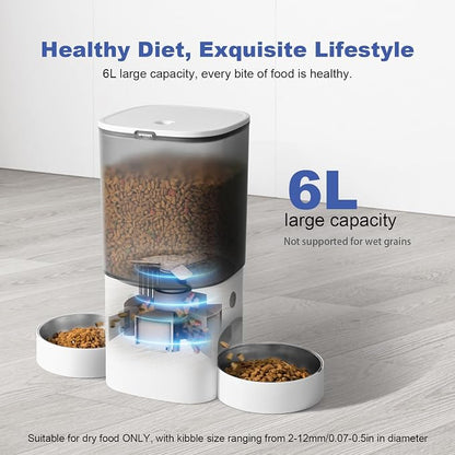 2.4G/5G Automatic Cat Feeder, 6L WiFi Cat Food Dispenser with 10s Voice Recorder, Double Bowl Pet Feeder up to 10 Meals per Day, Timed Feeder with Dry Food Sealed Ring (White)