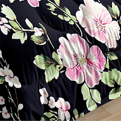 Girls Black Pink 7Pcs Twin Size Bed in A Bag, Flowers Leaves Pattern Bedding Set, (1 Comforter 68" x 90", 1 Pillowcase, 1 Fitted Sheet, 1 Flat Sheet, 2 Pillow Shams) for Room Decor