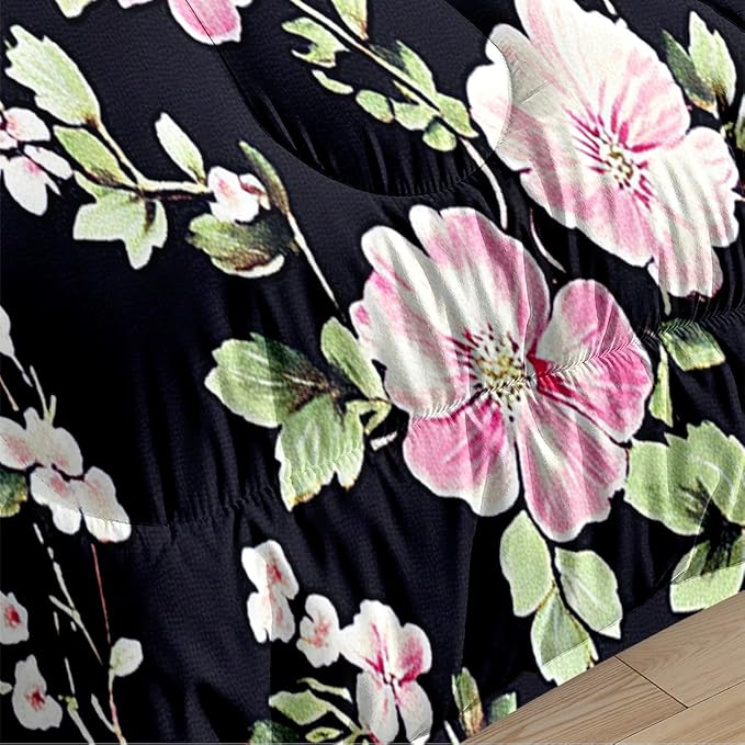 Girls Black Pink Vintage Bedding Sets, 5Pcs Cottage Botanical Flowers Bedding Queen Size for Room Decor, (1 Comforter 90"x90", 2 Pillowcases, 1 Fitted Sheet, 1 Flat Sheet) All Season