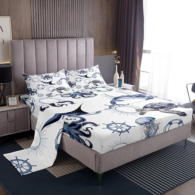 Sea Turtle Fitted Sheet Set Full Size 4 Pcs,Octopus Jellyfish Ocean Life Lightweight Sheets Teens Room Decor,Nautical Style Sea Animals Bedding Sets (1 Fitted,1 Flat,2 Pillowcases)
