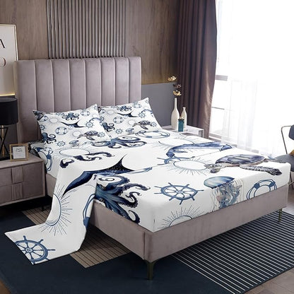 Castle Fairy Sea Turtle Bed Sheet Set Twin Size,Octopus Jellyfish Ocean Life Sheet Set Kids Teens,Nautical Style Sea Animals Bedding Decor Set with 1 Flat & 1 Fitted Sheet with 1 Pillow Sham