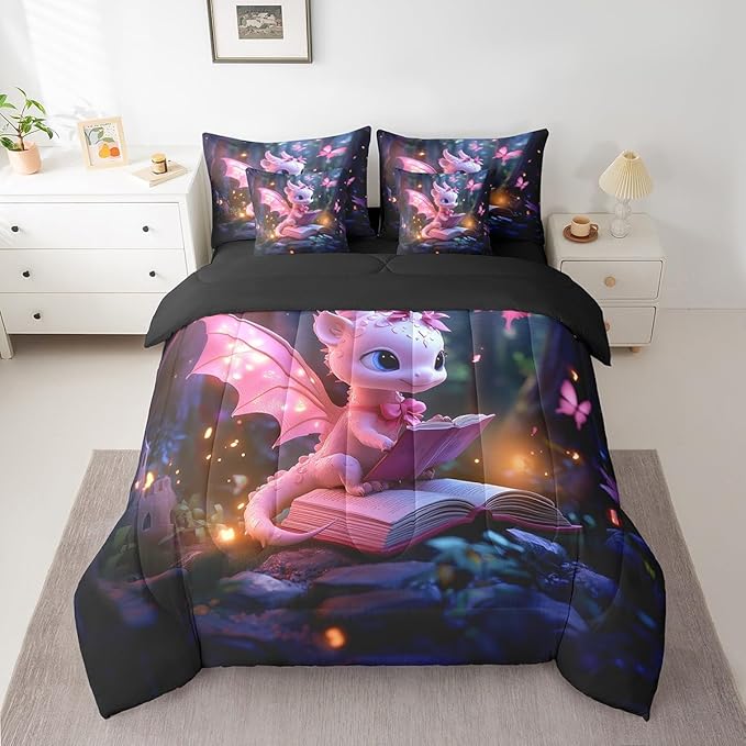 Castle Fairy 3D Western Dragon Comforter Set for Room Decor,Magical Jungle Animal Bedding Set King Size 7 Pcs,Sparkling Pink Butterfly Bed in a Bag with Comforter, Sheets, Pillowcases & Cushion Cover