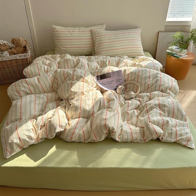 EAVD Retro Striped Duvet Cover Set King Size 100% Cotton Vintage 3-Pieces Stripes Bedding Set with 2 Pillowcases Farmhouse Geometric Comforter Cover with Zipper Closure(Orange&Blue&Green, King)