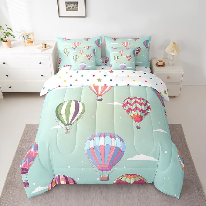 Watercolor Hot Air Balloon Bed in a Bag Comforter Set,Hand Drawn Clouds King Size 7 Pieces for Kids Teens,White Polka Dot Bedding Set with Comforter, Sheet Set, Pillowcases, Pillow Covers