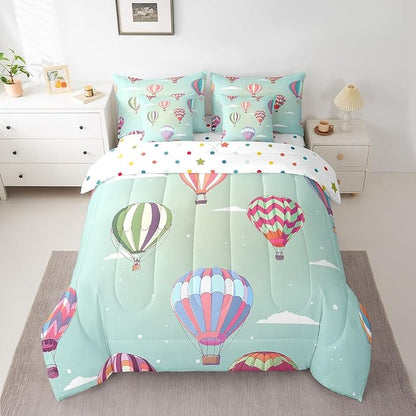 Watercolor Hot Air Balloon Bed in a Bag Comforter Set,Hand Drawn Clouds King Size 7 Pieces for Kids Teens,White Polka Dot Bedding Set with Comforter, Sheet Set, Pillowcases, Pillow Covers