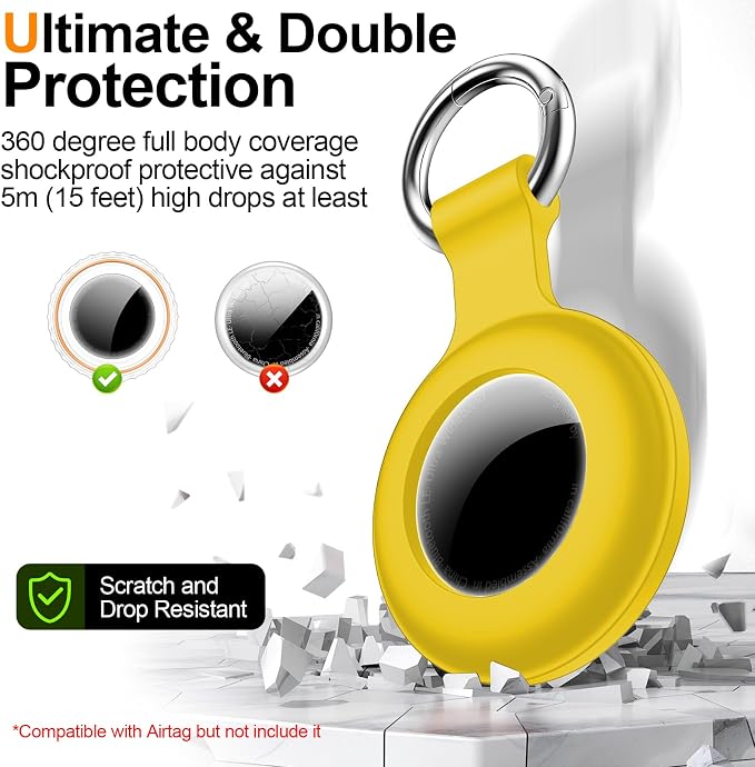 1|2|4Pack for Apple AirTag Holder with Keychain for Air Tag 2nd/1st Gen | Waterproof Air Tag Cover GPS Tracker Anti-Scratch Silicone Air-Tag Case for Pets,Kids,Bags,Luggages-Yellow