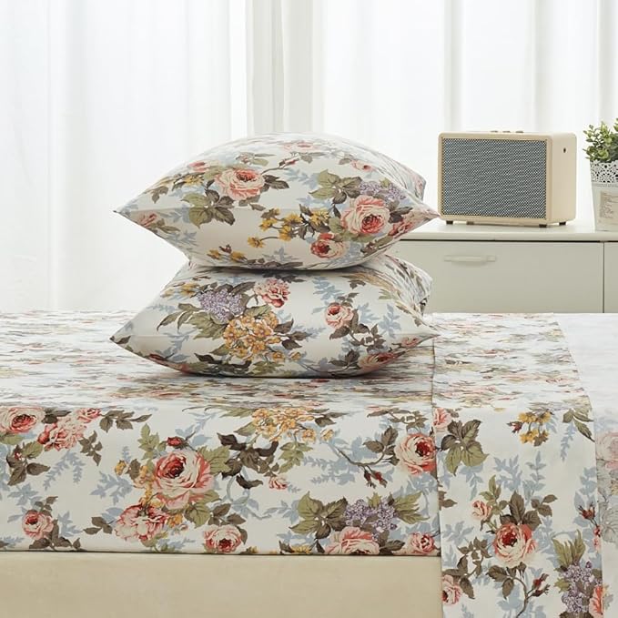 DAUAOTO 100% Cotton Sheets Set Twin Size Printed Bedding Sets, Up to 14" Deep Mattress, Classic Vintage Flower Pattern Bedlinen Set, Rose Floral