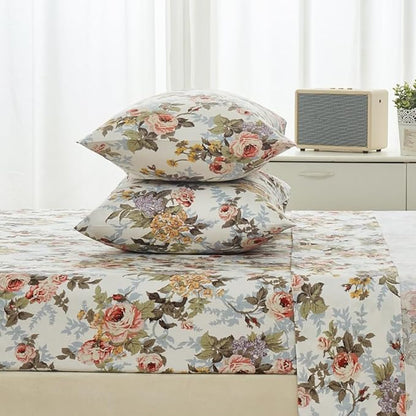 DAUAOTO 100% Cotton Sheets Set Twin Size Printed Bedding Sets, Up to 14" Deep Mattress, Classic Vintage Flower Pattern Bedlinen Set, Rose Floral