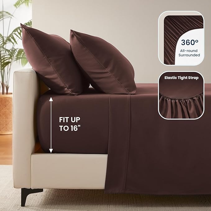 SLEEP ZONE Nanotex Super Soft Cooling Full Size Bed Sheets Set 4 Piece - Easy Care Fitted Flat Sheet & Pillowcase Sets - Wrinkle Free, Fade Resistant, Deep Pocket 16" (Brown, Full)
