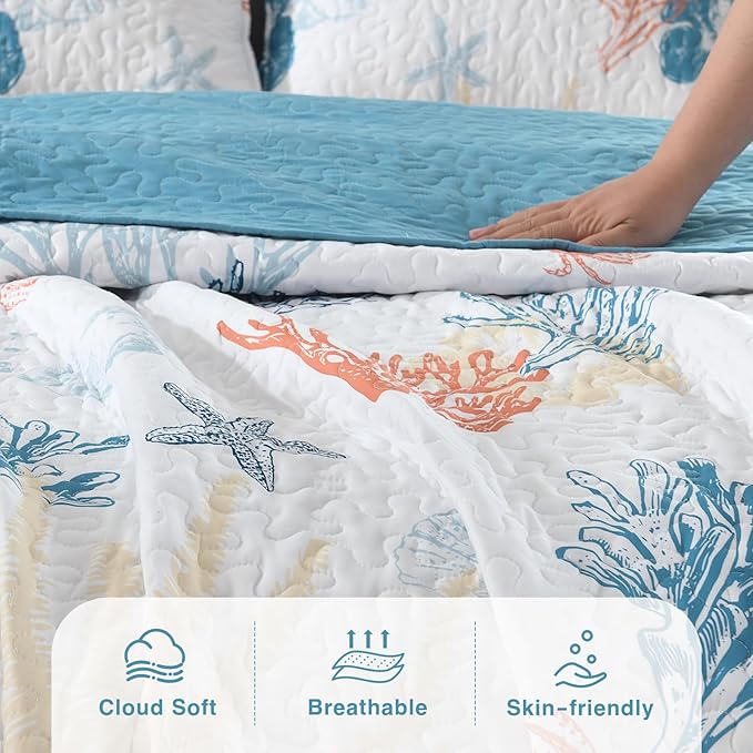 HORIMOTE HOME Coastal Quilt Bedding Set Queen Size, Reversible Summer Beach Quilt Lightweight Ocean Nautical Comforter Tropical Bedspread Coverlet with 2 Pillow Shams for All Seasons (90"x96")