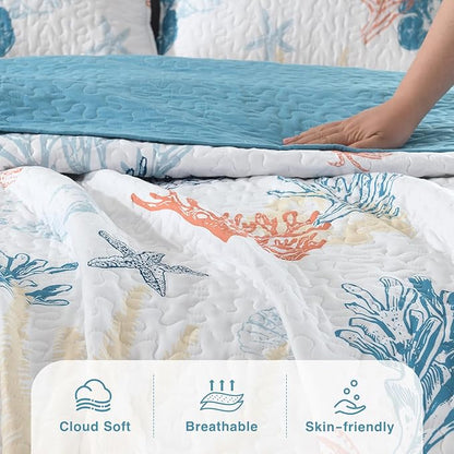 HORIMOTE HOME Coastal Quilt Bedding Set Queen Size, Reversible Summer Beach Quilt Lightweight Ocean Nautical Comforter Tropical Bedspread Coverlet with 2 Pillow Shams for All Seasons (90"x96")