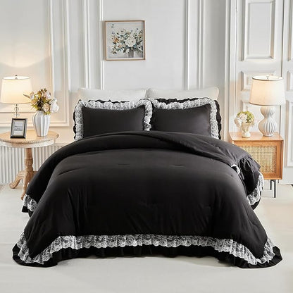 Joyreap King Size Comforter Set Black, 3pcs Lace Ruffled Bedding Comforter Set, Microfiber Vintage Gothic Boho Chic Bedding Set for All Season- 100x88 inches