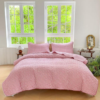 NSNLGSGC Red Gingham King Quilt Set, Soft Pre-Washed Microfiber Red Plaid King Bedspread, Lightweight Checked Summer Quilt, Grid Bedding Coverlets for All Seasons (Includes 1 Quilt, 2 Pillow Shams)