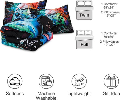 Aimuan Gamer Gaming Bedding Sets 3D Gamepad Comforter Sets for Boys Games Console Action Buttons Novelty Colorful Game Controller Modern Room Decor Home Quilt Set (Green, Twin)