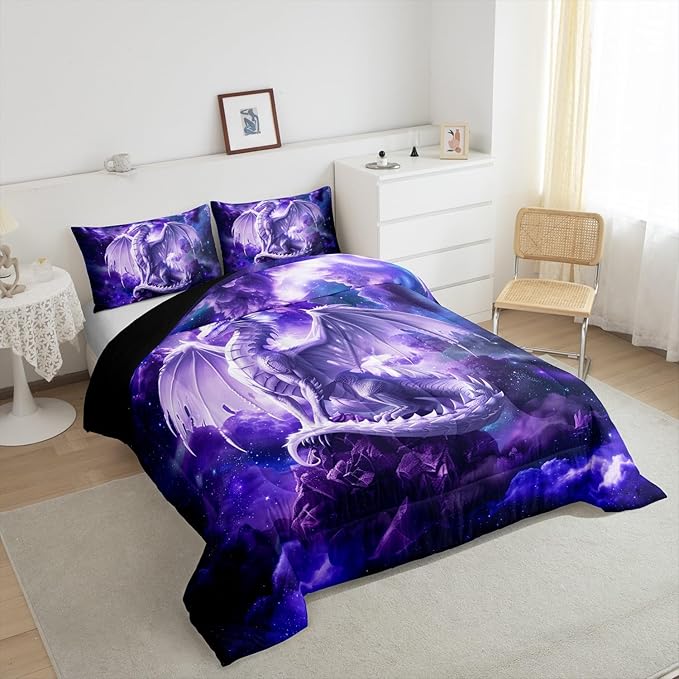 3D Dragon Comforter Set Queen Size,Galaxy Starry Sky Bedding Set for Kids Boys Girls Room Decor,Glitter Nebula Outer Space Duvet Insert 3Pcs,Western Magical Animal Purple Quilt Set,2 Pillowcases