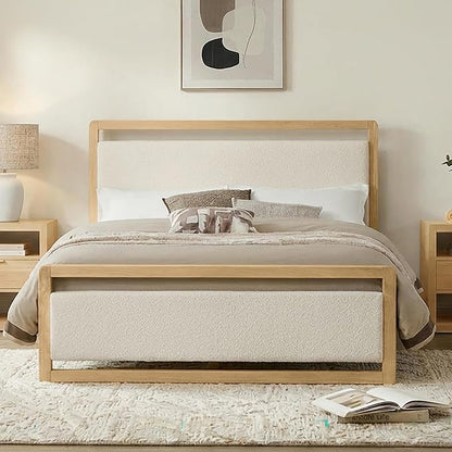 KISLOT Wood Bed Frame, with USB Headboard & Footboard, Oat, Queen | Mattress Foundation, Strong Wooden Slat Support, Noise-Free, No Box Spring Needed, Easy Assembly