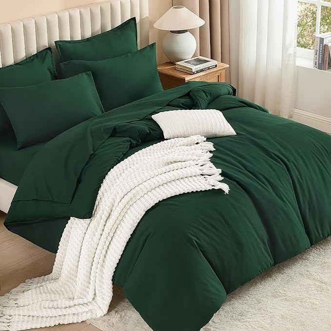 Litanika California King Comforter Set Dark Emerald Green - 7 Pieces Bed in a Bag Cal King Bedding Comforter Sets, Plain Lightweight Bed Set with Comforter, Sheets, Pillowcases & Shams