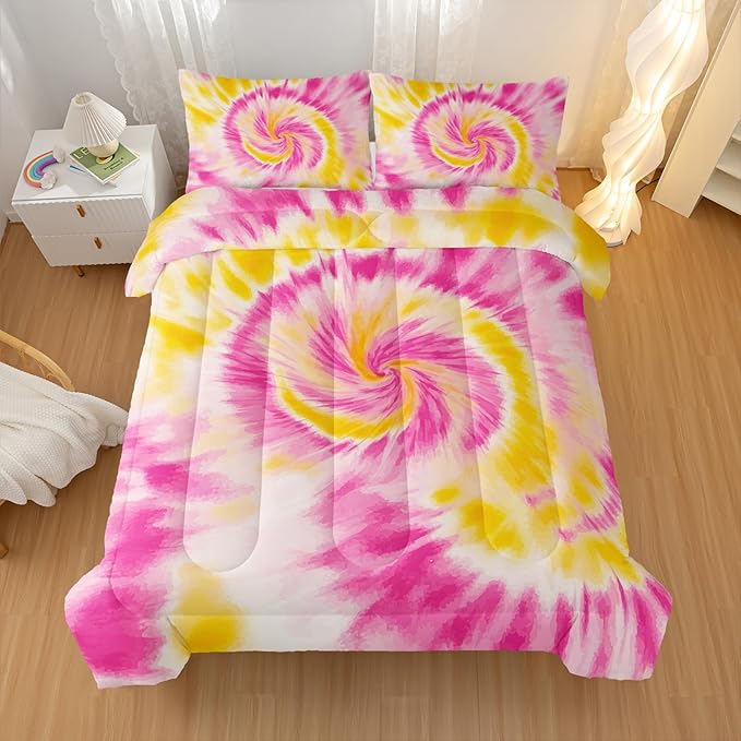 Pink Tie-dye Comforter Sets Twin Size,Abstract Modern Art Bedding Set for Your Room,Graffiti Soft Lightweight Quilted Set All Season 1 Comforter and 2 Pillowcases
