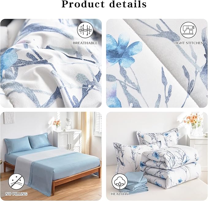 7 Piece Bed in a Bag Queen Comforter Set with Sheets, Blue Flower Branch on White Botanical Bedding Sets for All Season (1 Comforter, 2 Pillow Shams, 1 Flat Sheet, 1 Fitted Sheet, 2 Pillowcases)