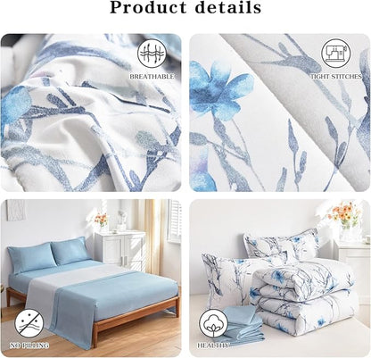 7 Pieces Bed in a Bag King Comforter Set with Sheets, Blue Flower Branch on White Botanical Bedding Sets for All Season (1 Comforter, 2 Pillow Shams, 1 Flat Sheet, 1 Fitted Sheet, 2 Pillowcases)