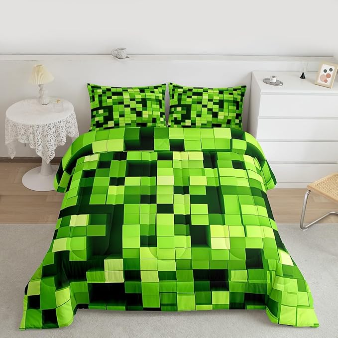 Pixelated Miners Game Kids Bedding Set Queen Size,Video Games Gamepad Gaming Comforter Set,Geometric Square Quilt Comforter,Light Green Bedroom Duvet Insert,2 Pillowcases
