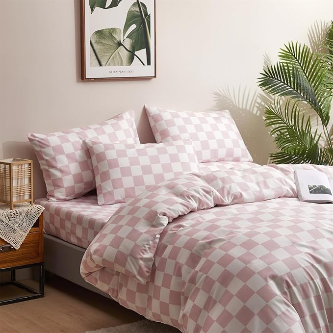 Houseri White Plaid Comforter Set - Twin Size, Girls & Boys, Pink Grid & Checkerboard Pattern, Soft & Comfy, Perfect for Kids & Dorm Beds