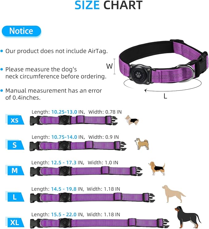 Upgrade Dog Collar with AirTag Holder, IP68 Waterproof, Purple, XS | Built-in Water Resistant AirTag holder, 1000D Nylon, Reflective Stitching for Night Visibility, Soft padding for Comfort