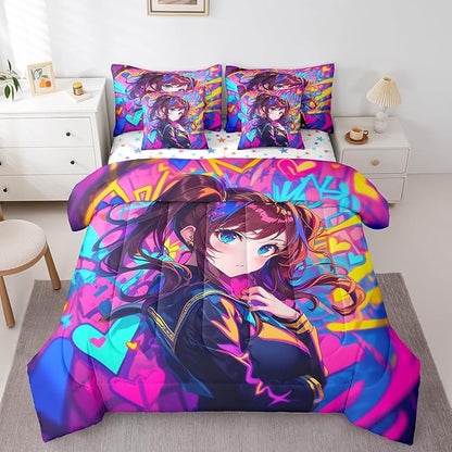 Erosebridal Anime Girl King Comforter Set 7 Piece, Japanese Anime Bedding Set for Kids Girls Teens Adult Bedroom, Cartoon Girl Bed in A Bag Kawaii Japanese Animation Sheet Set, Purple