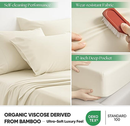 Silver Infused Bed Sheets Set, Temperature-Regulating Fabric with Self-Cleaning Technology for 3X Freshness Sleep, Genuine Organic Viscose Derived from Bamboo (OffWhite, Full XL)