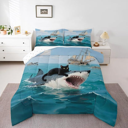 Erosebridal Black Cat Quilt Insert Twin Size Shark Bedding Set for Kids Girls Boys Safari Kitten Sea Waves Marine Nautical Blue Comforter Warm Soft Comforter Set