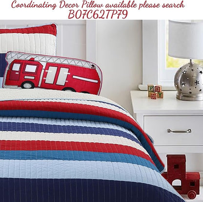 Cozy Line Home Fashions Aaron Bedding Quilt Set, Nautical Navy Blue Red Off-White Striped 100% Cotton Reversible Coverlet Bedspread Bedding Set (National Stripe, Queen - 3 Piece)