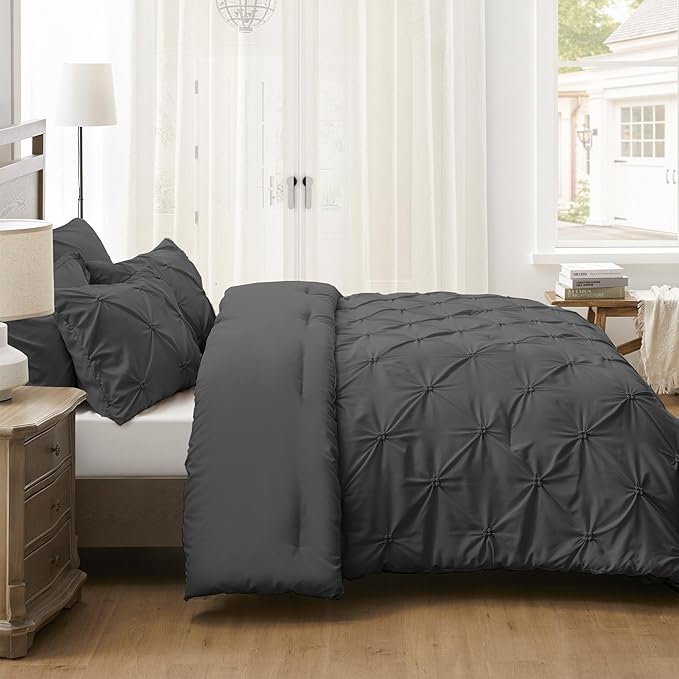 UNIKOME King Comforter Set Dark Gray - Ultra Soft Boho Pintuck Down Alternative Bedding Set for All Seasons, 3 Pieces Lightweight Warm Pinch Pleat Bed Set with Comforter, 2 Pillowcases