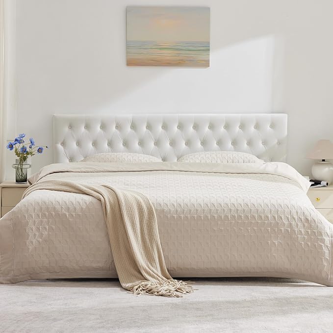 Tufted Upholstered King Size Bed Headboard in Modern Button Design, Adjustable Solid Wood Head Board, Premium Velvet Fabric Padded Headboards in Bedroom (White)
