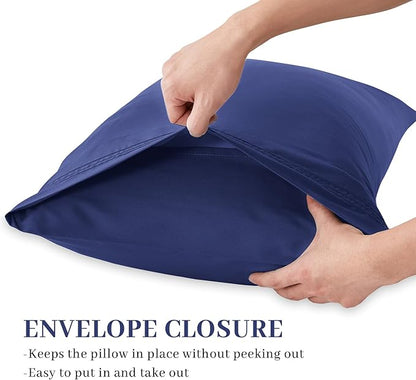 YIYEA King Pillow Cases Set of 4, Ultra Soft 1800TC Hotel Quality Double Brushed Microfiber Embroidered Pillowcases, Envelope Closure, Fade Resistant (20"x36", Navy)