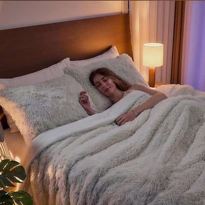 Wajade Faux Fur Plush White Comforter Set Fluffy Fuzzy Shaggy Bedding Set - 3PC Full/Queen Microfiber Soft Warm Quilt Set (Cream White, King)
