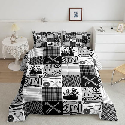 Castle Fairy Kids Boys Truck Bedding Set Full Size Wrench Repair Outfit Comforter Farmhouse Gingham Check Comforter Set Gray White Duvet Set 3Pcs Quilt Set 1 Comforter Set with 2 Pillowcase