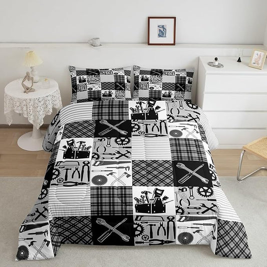 Castle Fairy Kids Boys Truck Bedding Set Twin Size Wrench Repair Outfit Comforter Farmhouse Gingham Check Comforter Set Gray White Duvet Set 2Pcs Quilt Set 1 Comforter Set with 1 Pillowcase