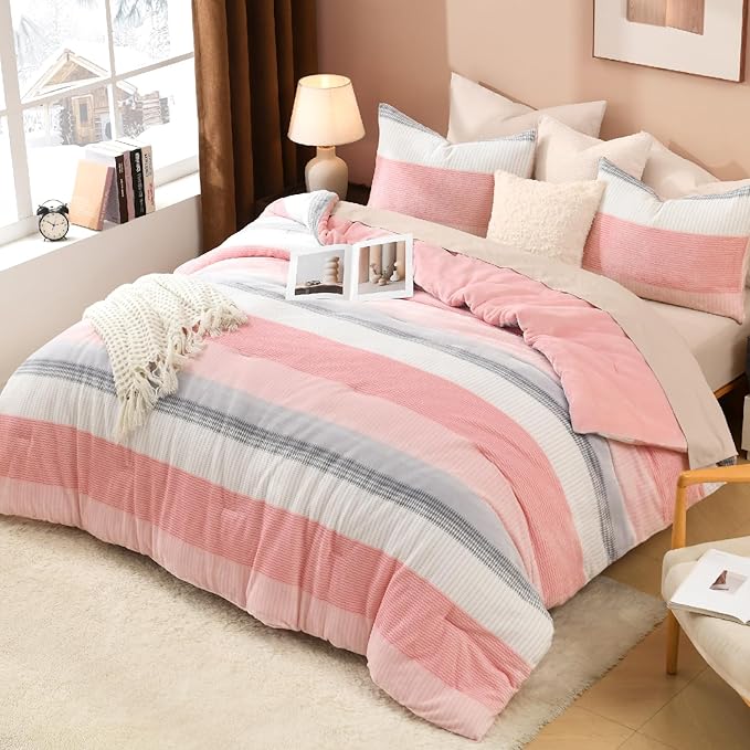 Litanika Fluffy Fleece Twin Comforter Set, Luxury Soft Plush Fuzzy Blush Stripe Bedding Comforter Sets, Warm Shaggy Faux Fur Bed Set All Season (1 Comforter, 1 Pillowcase)