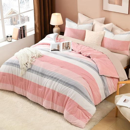 Litanika Fluffy Fleece Queen Comforter Set, Luxury Soft Plush Fuzzy Blush Stripe Bedding Comforter Sets, Warm Shaggy Faux Fur Bed Set All Season (1 Comforter, 2 Pillowcases)