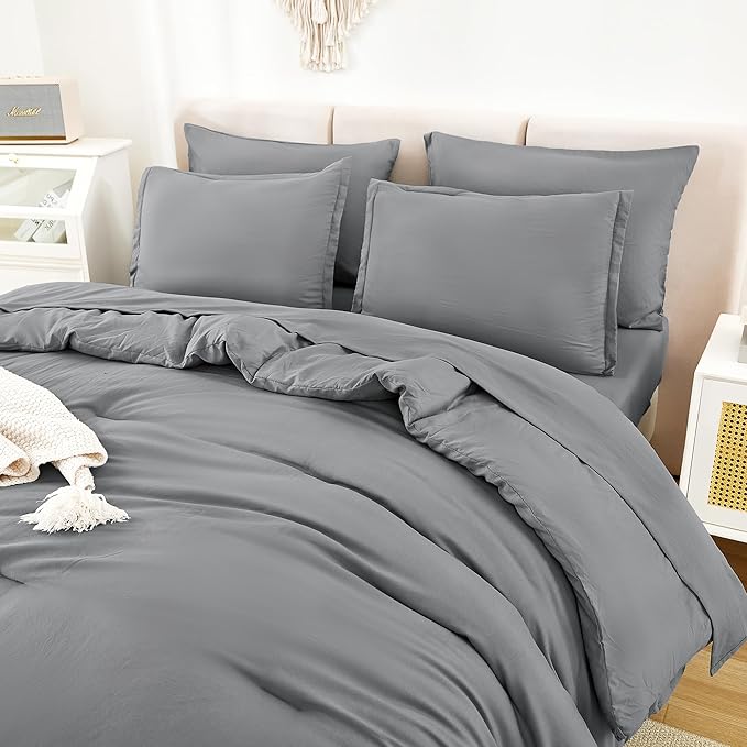 Litanika Queen Comforter Set Medium Gray - 7 Pieces Bed in a Bag Queen Bedding Comforter Sets, Solid Lightweight Bed Set with Comforter, Sheets, Pillowcases & Shams