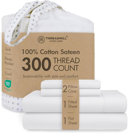 Threadmill 100% Cotton Sheets for King Size Bed | 4 Pc King Bed Sheets Set | Soft, Breathable Lightweight Solid Sateen for All-Season Use | Snug Fit Elastic Deep Pocket King Sheets | White