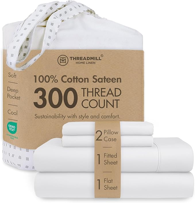 Threadmill Cotton Full Size Sheet Set | 100% Cotton Sheets for Full Size Bed | Damask Jacquard Full Bed Sheets Set with 16” Deep Pocket | Soft Sateen Weave 4-Piece Cooling Bedding Set | White