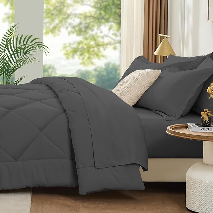 FUANNA 7 Pieces Full Size Comforter Sets, All Season Bedding Sets Full Size, Luxury Soft Bed in a Bag with Comforter, Flat Sheet, Fitted Sheet, Pillowcases & Pillow Shams, Dark Grey