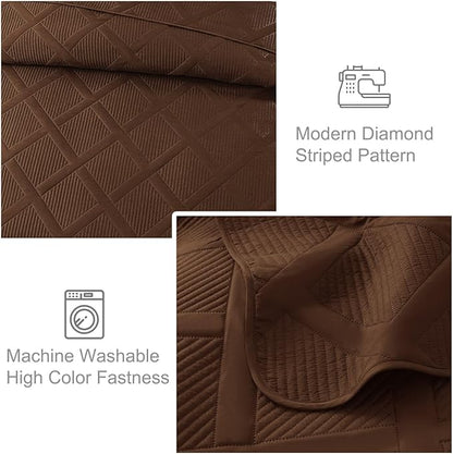 Exclusivo Mezcla Twin Size Quilt Set - Brown Quilts Bedding Set with 2 Pillow Shams, Modern Bedspread with Striped Pattern, Soft Lightweight Bedspreads Coverlets for All Seasons