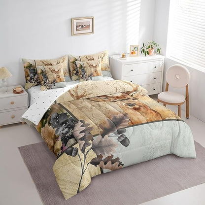 Elk Deer Bed in a Bag King Size Comforter Set 7 Pieces,Woodland Animals Bedding Sets Moose Reindeer Sheet Set with Comforter