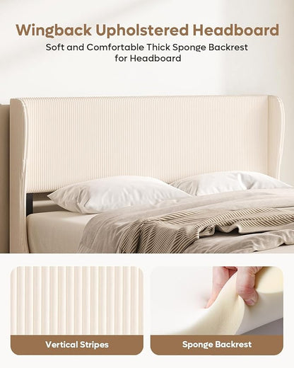 Bestier Queen Bed Frame with Wingback Headboard,Upholstered,Beige | Easy Assembly,Wingback Headboard,No Squeaks,Vertical Channel Corduroy Upholstered,Wooden Slats Support,No Box Spring Needed