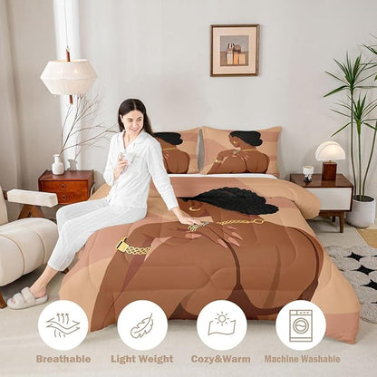 Erosebridal Fashion Black Woman Comforter Set King Size 3 Piece Romantic Makeup Themed Girls Bedding Set Fashionable Gorgeous Down Comforter Vogue Afro Girls Duvet Insert for Kids Teens Adult Bedroom
