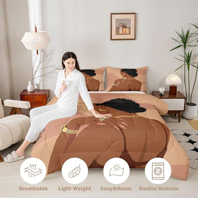 Erosebridal Fashion Black Woman Comforter Set Full Size 3 Piece Romantic Makeup Themed Girls Bedding Set Fashionable Gorgeous Down Comforter Vogue Afro Girls Duvet Insert for Kids Teens Adult Bedroom