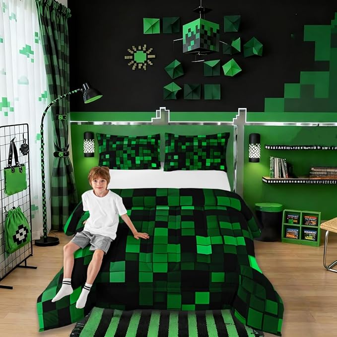 Pixelated Miners GameComforter Set King Size,Geometric Check Video Games Kids Bedding Set,Gamepad Camo Grid Quilt Comforter,Black Green Duvet Insert,2 Pillowcases
