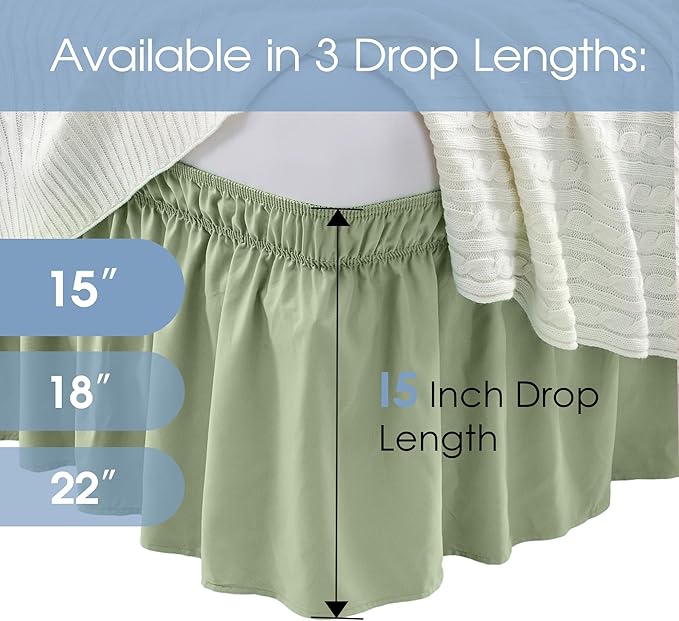 FreshCulture Queen Bed Skirt, Elastic Wrap Around Bed Skirt Queen Size, Bed Skirts for Adjustable Bed, Easy Fit with 15-Inch Tailored Drop, Hotel Quality Dust Ruffle for Queen Bed (Sage Green)